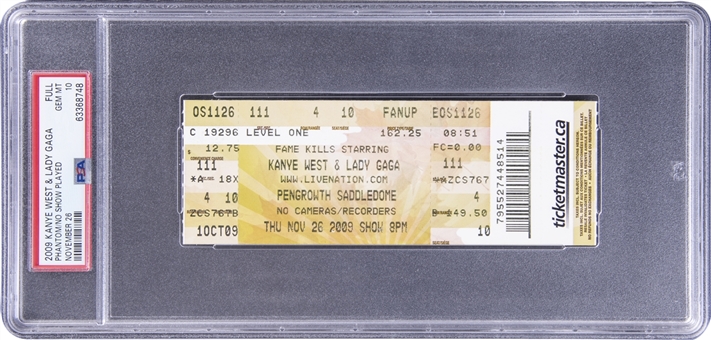 2009 Kanye West & Lady Gaga Full Ticket From Fame Kills Tour On 11/26/09 - PSA GEM MT 10
